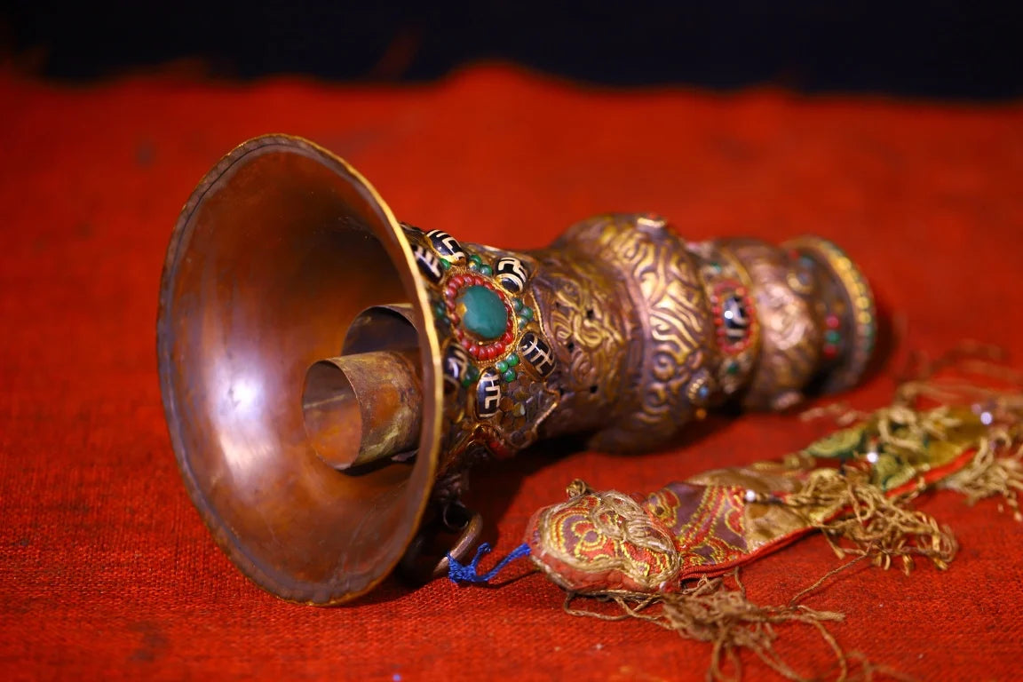 Tibetan Purple-Bronze Prayer Horn with Mosaic Gems & Gzi Beads