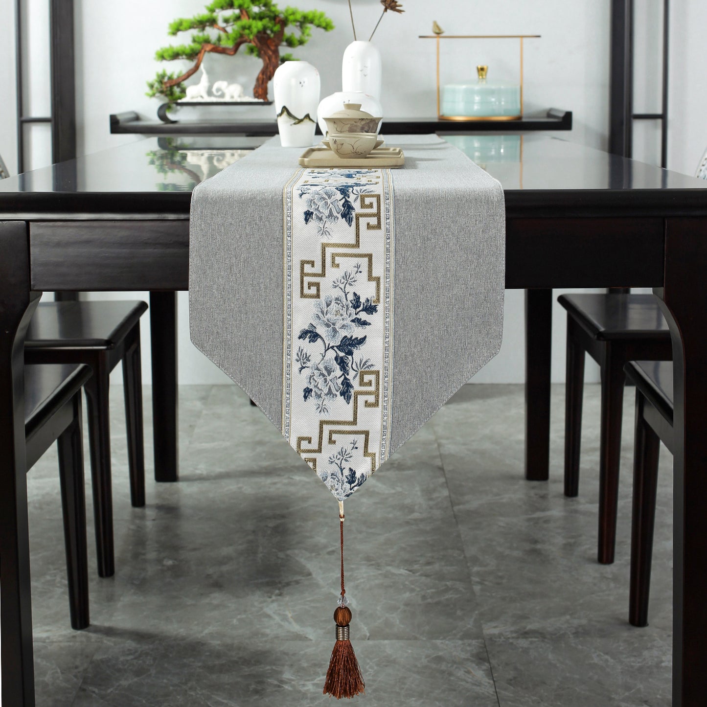 Chinese Table Runner with Floral and Zen Pattern