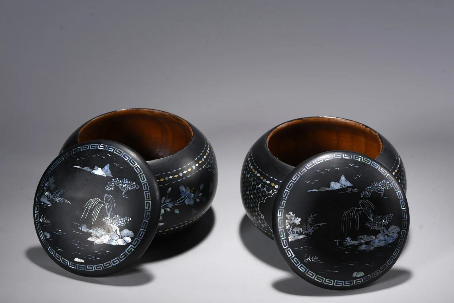 6" Tibetan Temple Mother‑of‑Pearl Inlay Lacquerware Go Can – Floral Chess Jar Pair
