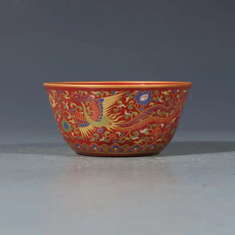 Coral Red Ground Gilt Phoenix Interlocking Lotus Porcelain Tea Bowl Chinese Antique Collectible Decor