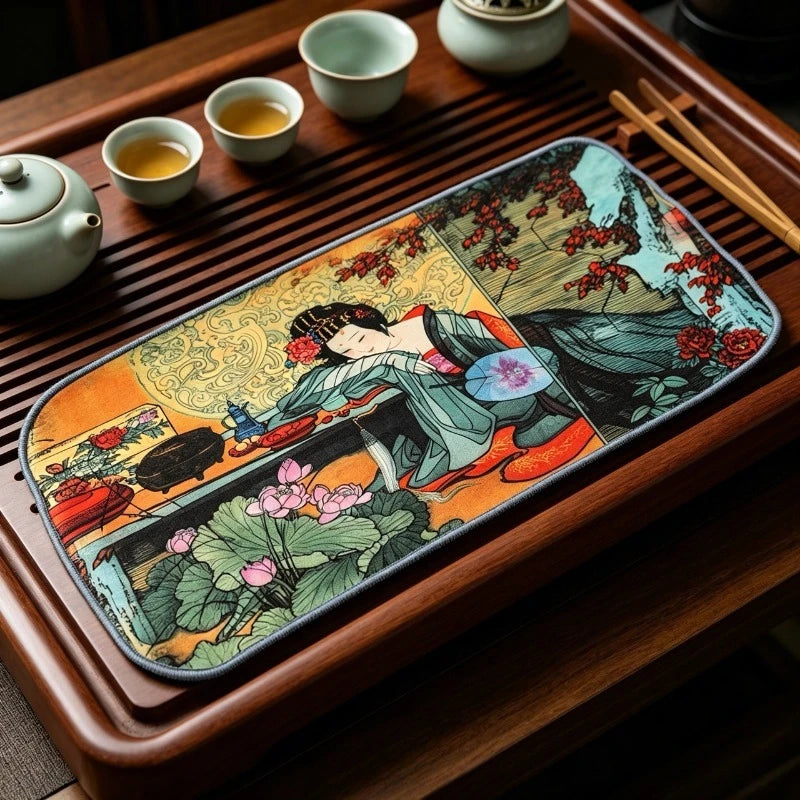 Chinese Ancient Painted Tea Towel, Thickened Suede Gongfu Tea Cloth, Super Absorbent Tea Mat for Tea Ceremony