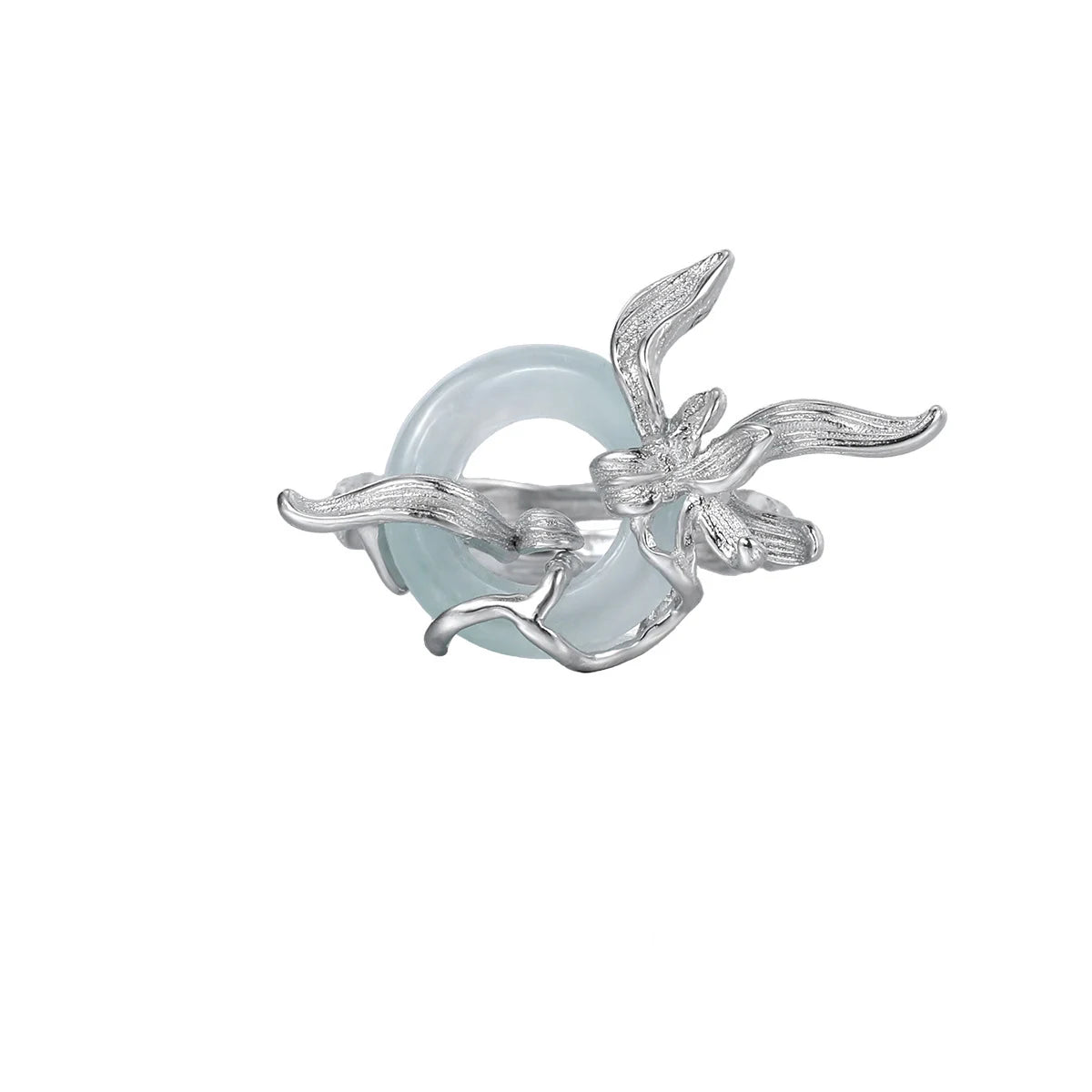 Sterling Silver Orchid Round Jade Adjustable Ring