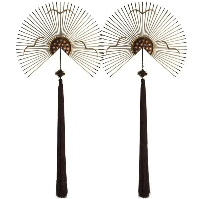 Chinese-Style Wrought Iron Fan-Shaped Wall Sculpture – 3D Oriental Metal Art Mural