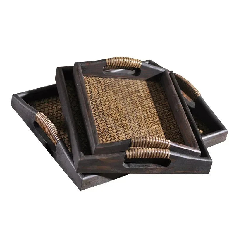 Southeast Asian Wooden Storage Tray - Handicraft Rattan Tea Tray for Water Cups and Tea Cups