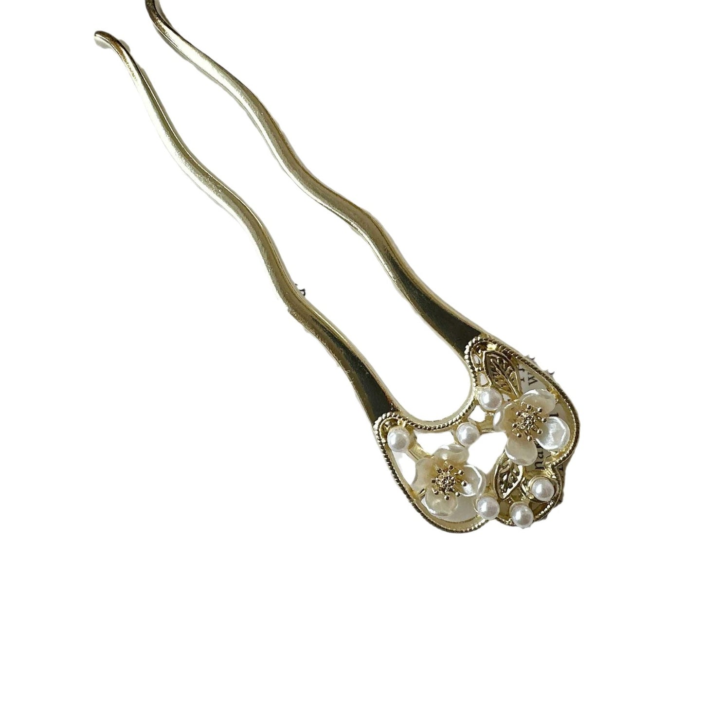 Gold Camellia Beaded U-Shaped Hair Pin