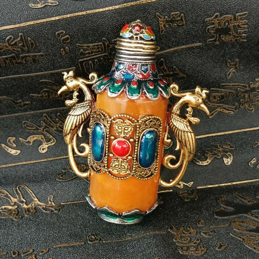 Exquisite Chinesische Handgemachte Doppel Phönix Kupfer Schnupftabakflasche mit Geschenkbox