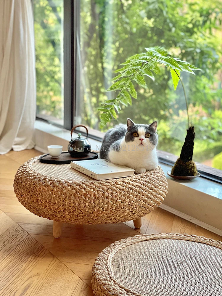 Japanese Woven Straw Floor Table | Low Bay Window Tea Table