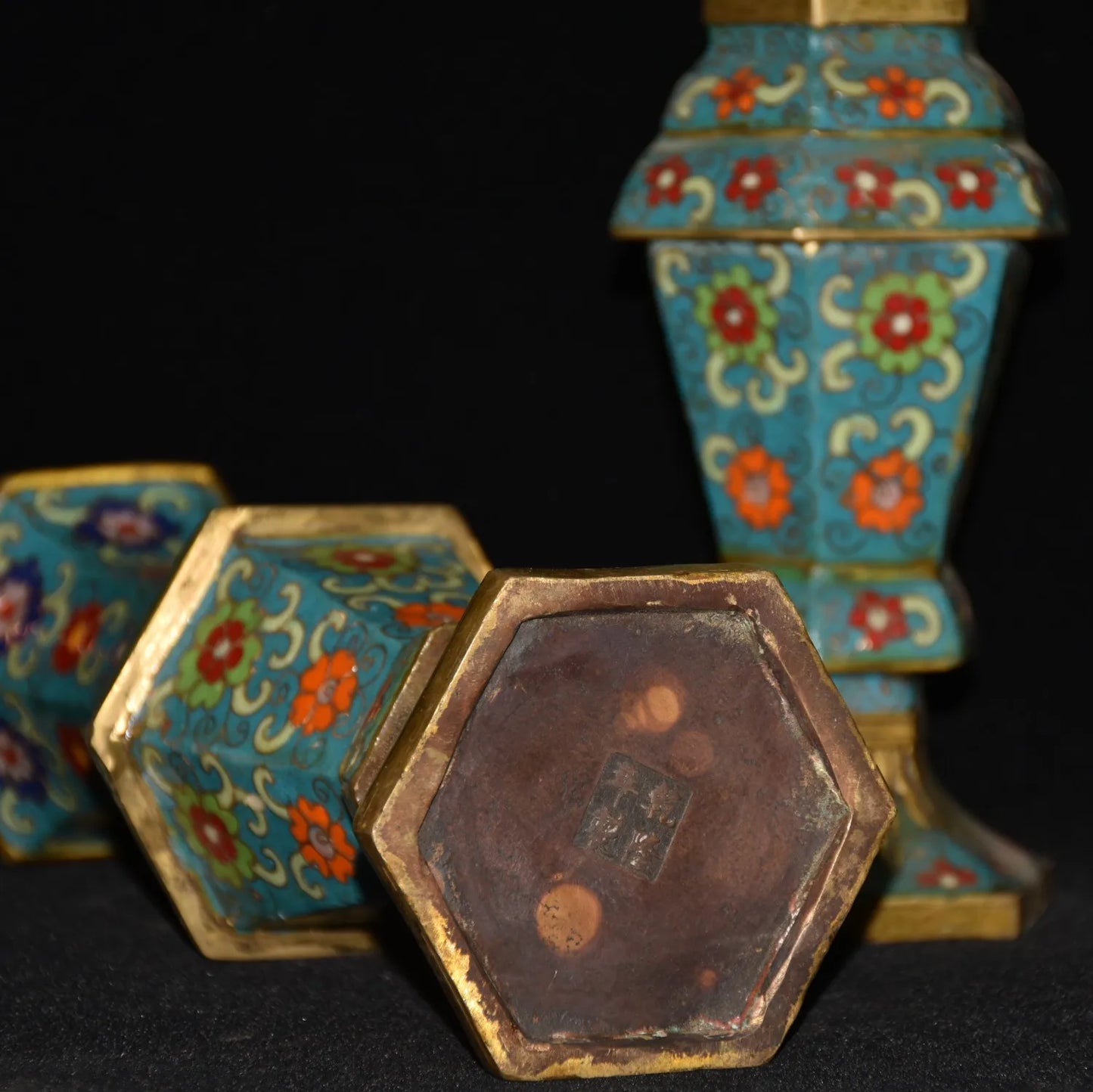 Bronze Cloisonné Hexagonal Bottle Vases (Pair) – Temple Office Ornaments
