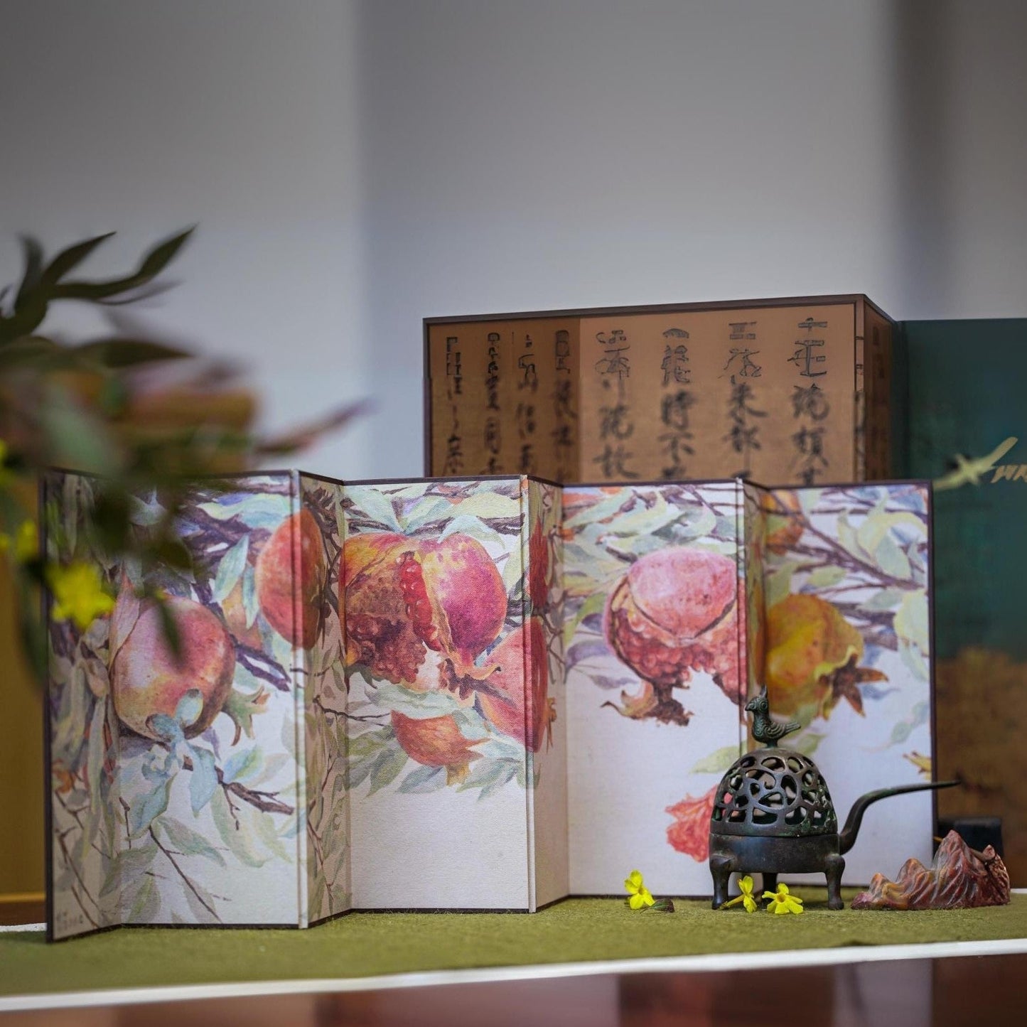 Japanese-Inspired Folding Miniature Screen with Pomegranate Design