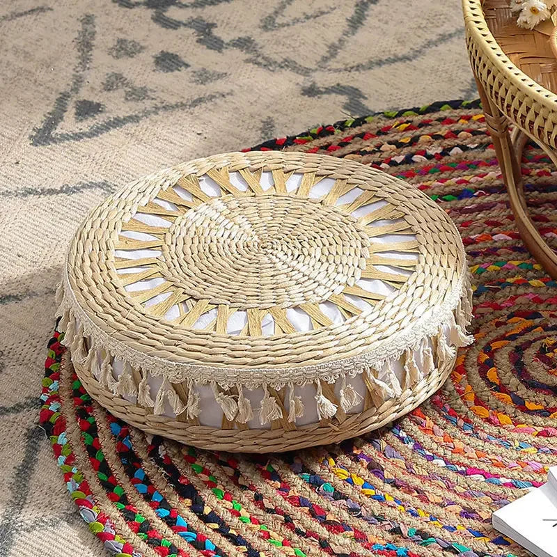 Hand-Woven Round Mobile Footstool – Low Ottoman Pouf & Accent Stool