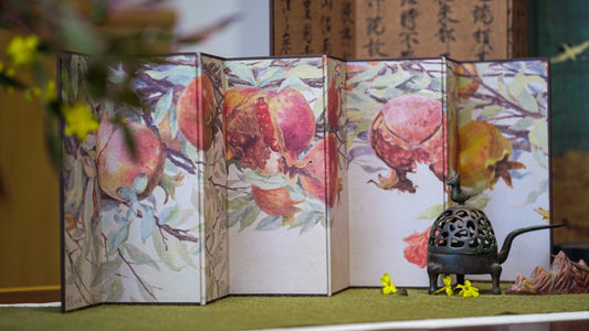 Japanese-Inspired Folding Miniature Screen with Pomegranate Design