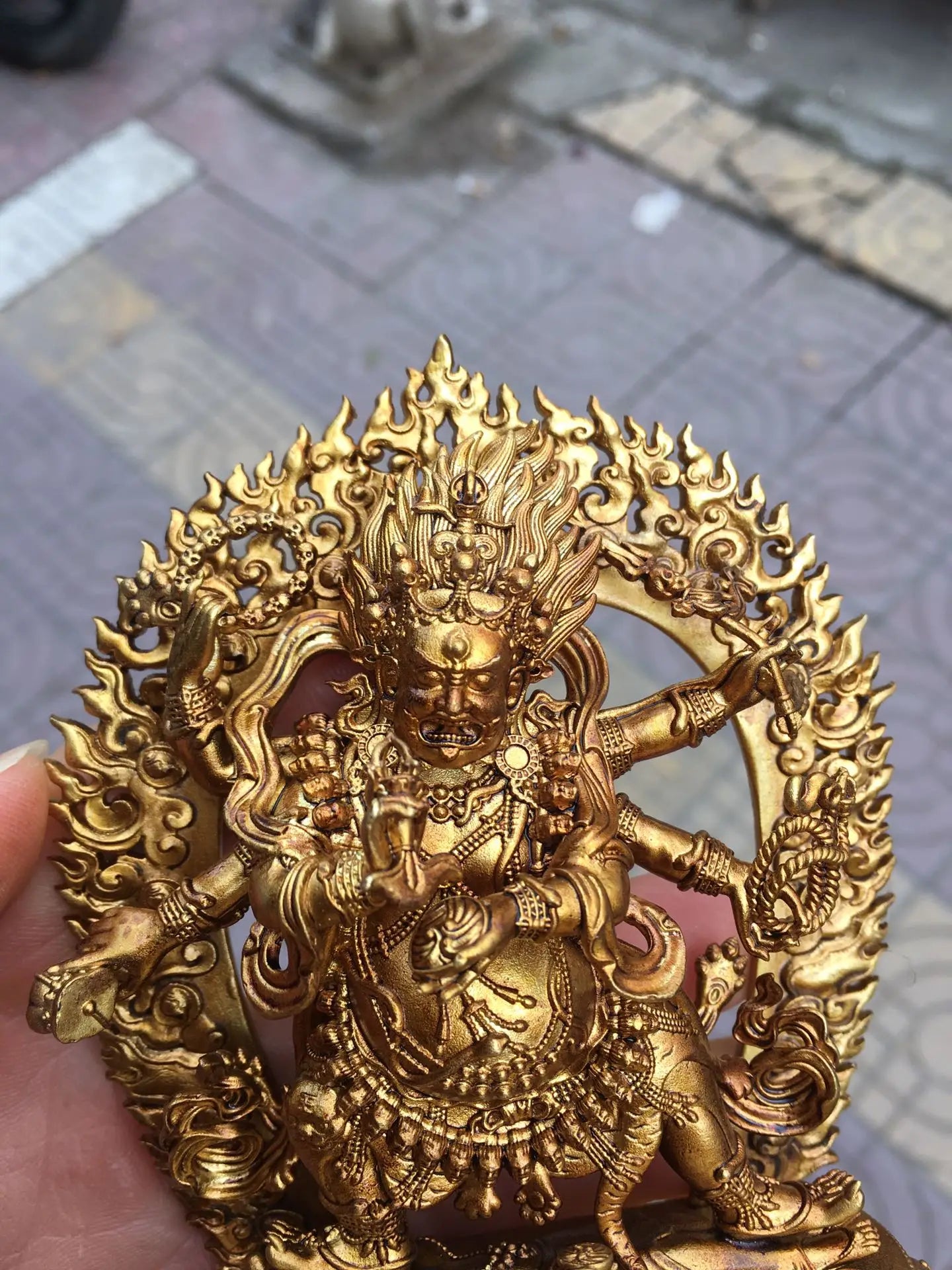 4" Tibetan Temple Collection Old Bronze Gilded Six-Armed Mahakala on Lotus Terrace