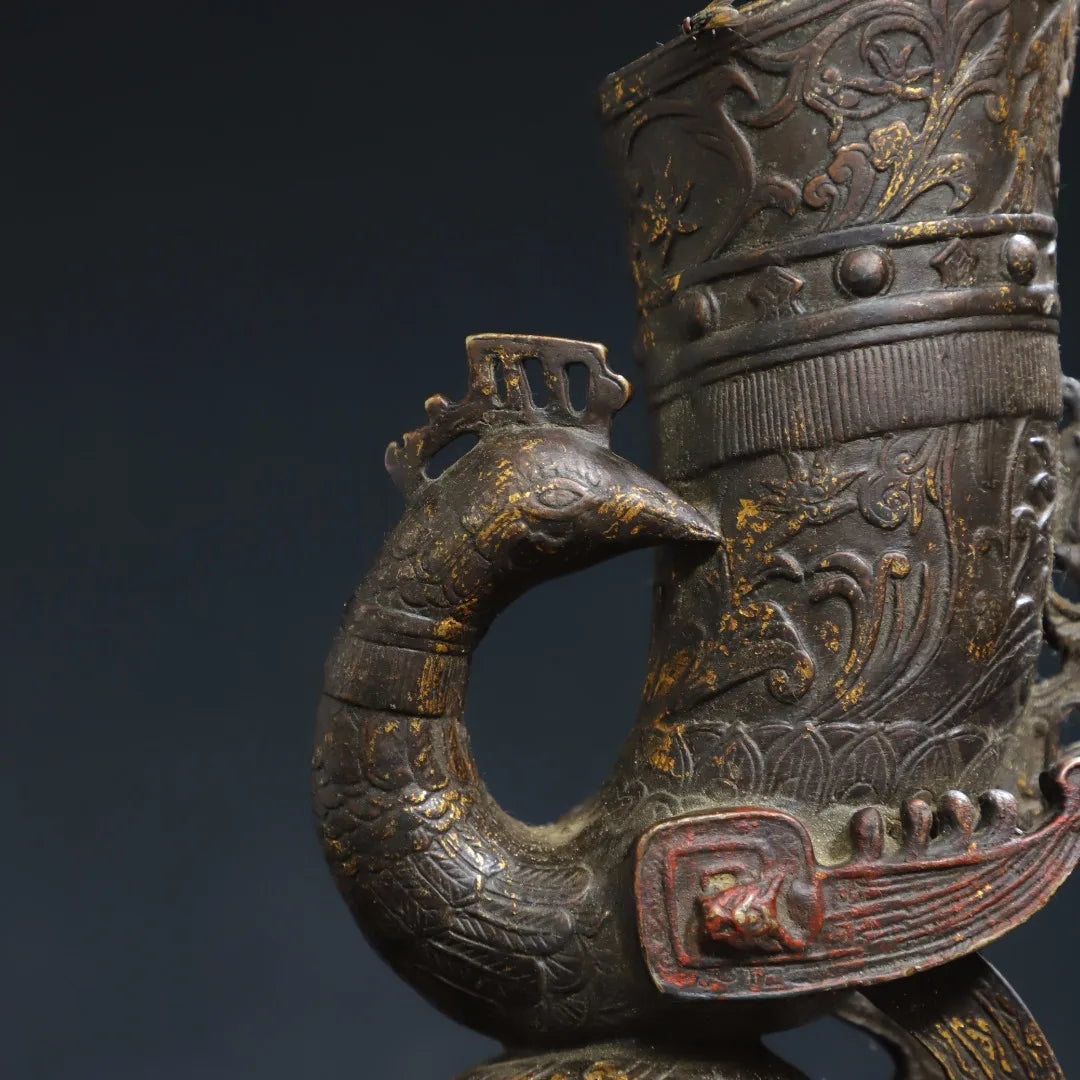 6" Tibetan Temple Collection Old Bronze Cinnabar Mud-Gold Phoenix Wine Cup / Jug