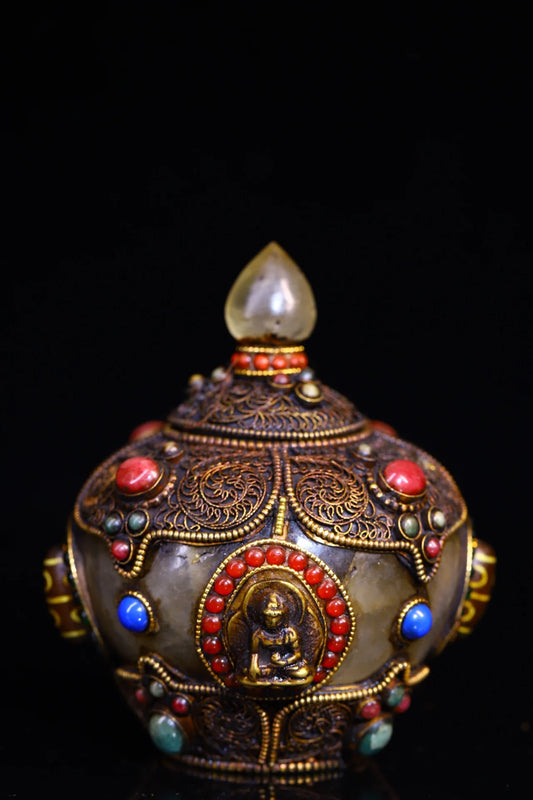 4" Tibetan Crystal gZi Bead Buddha Relics Jar – Asian Home Decor Amulet