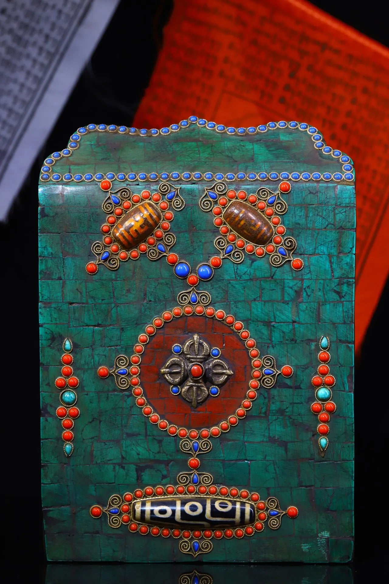 9" Tibetan Temple Collection Old Bronze Mosaic Gem gZi Beads Turquoise 1000-Arm Guanyin