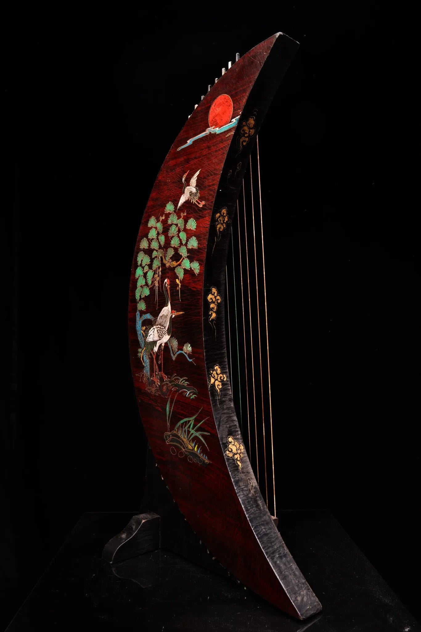 35" Nepalese Crescent Moon Guqin – Lacquered Crane Instrument Asian Home Decor