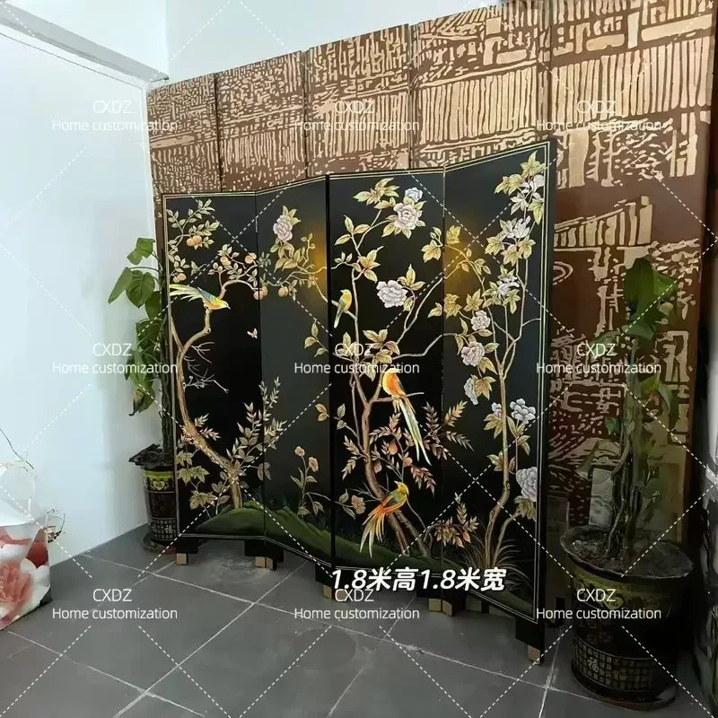 Hand-Painted Black Lacquer Relief Folding Screen – 4-Panel Flower & Bird Room Divider