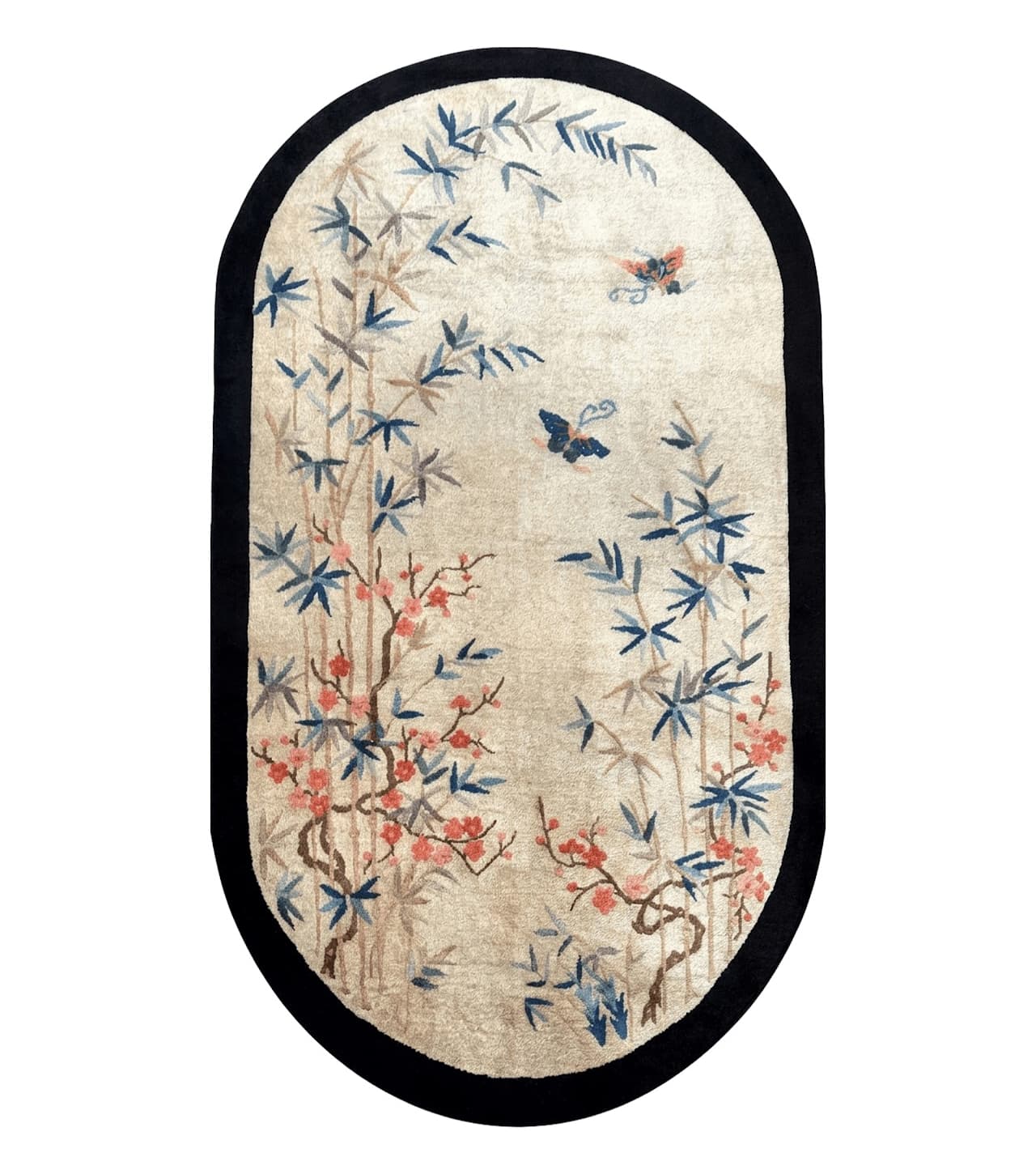 Antique Chinese Oval Rug 3.9 x 6.7, Floral, Butterflies, Chinese Wool Art Deco Peking Carpet, Beige, Handmade