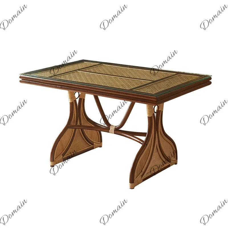 V81 Southeast Asian Rattan Dining Table Vintage Rustic Creative Art Table Chair Set Rectangular Restaurant Furniture