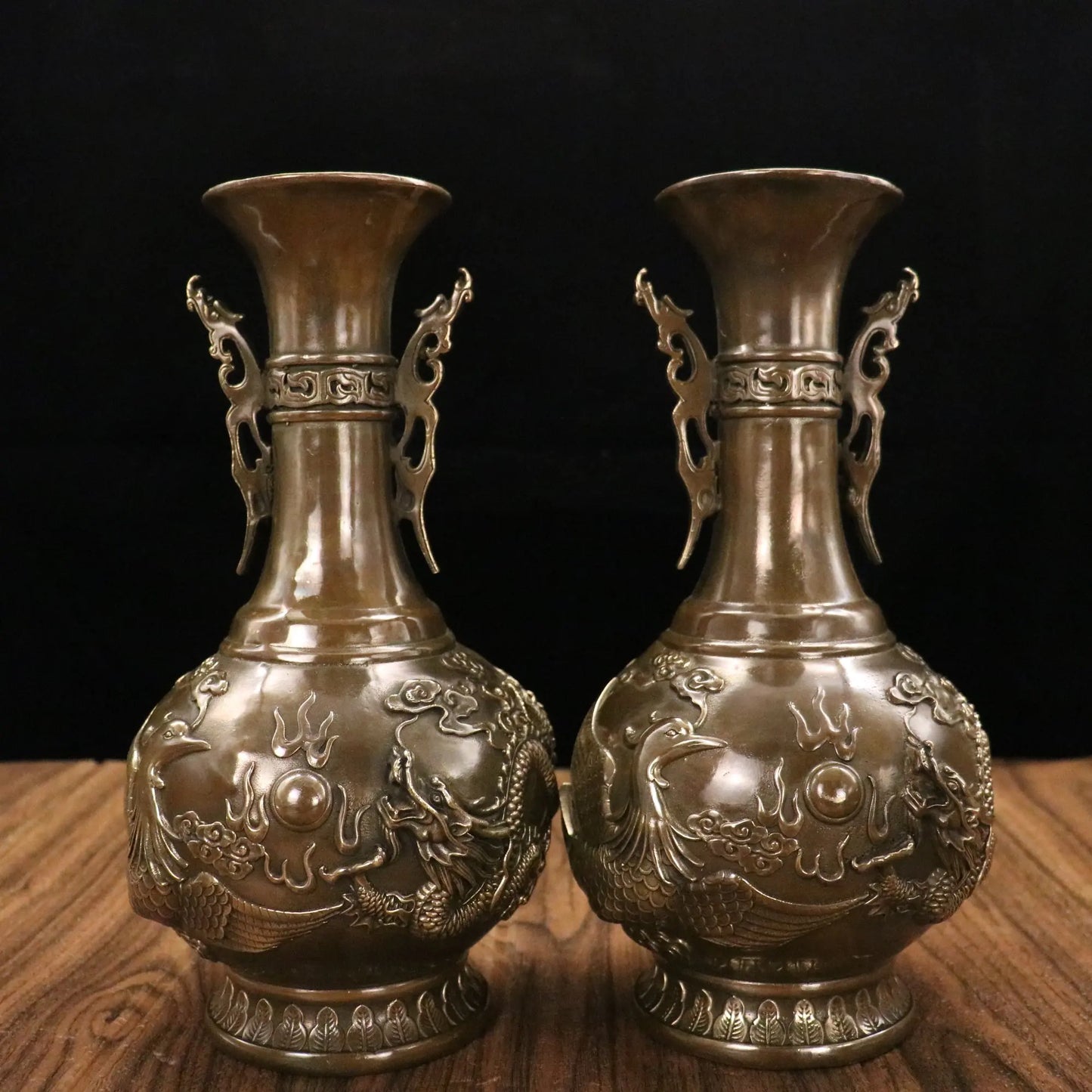 Tibetan Bronze Patina Dragon-Ear Dragon & Phoenix Vases (Pair, 11")