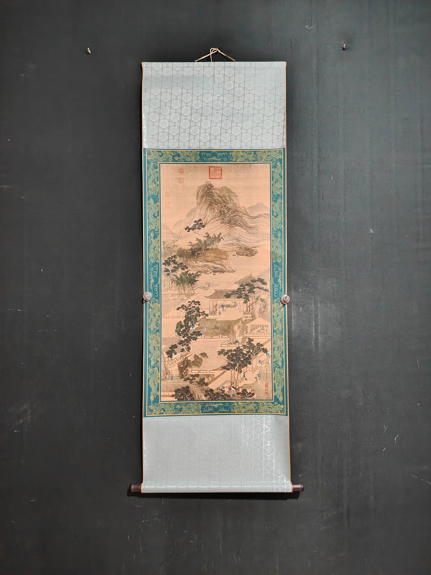 A wall scroll hanging painting of Qiu Ying's landscape on Chinese Xuan paper for the central hall decoration
