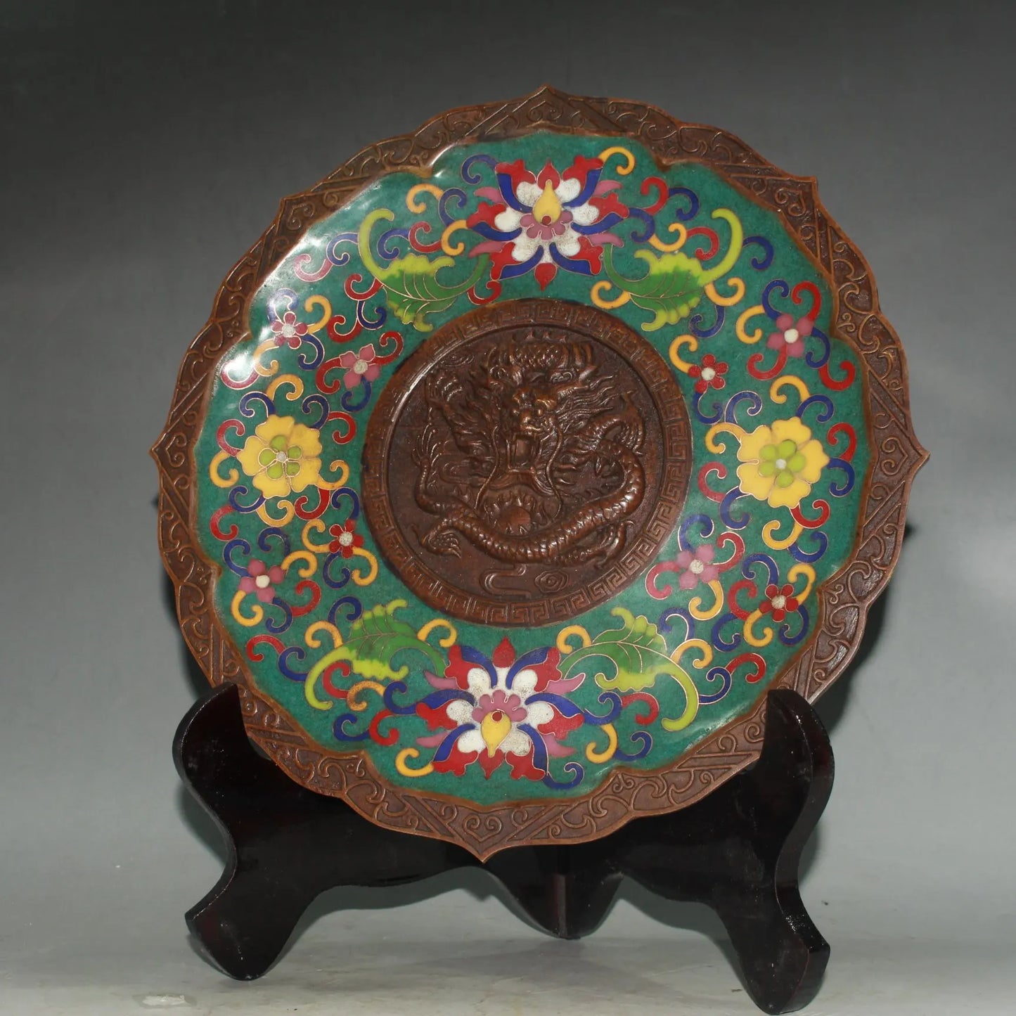 10"Tibetan Temple Collection Old Bronze Cloisonne Enamel Lotus pattern Dragon pattern Plate screen Ornament Town house