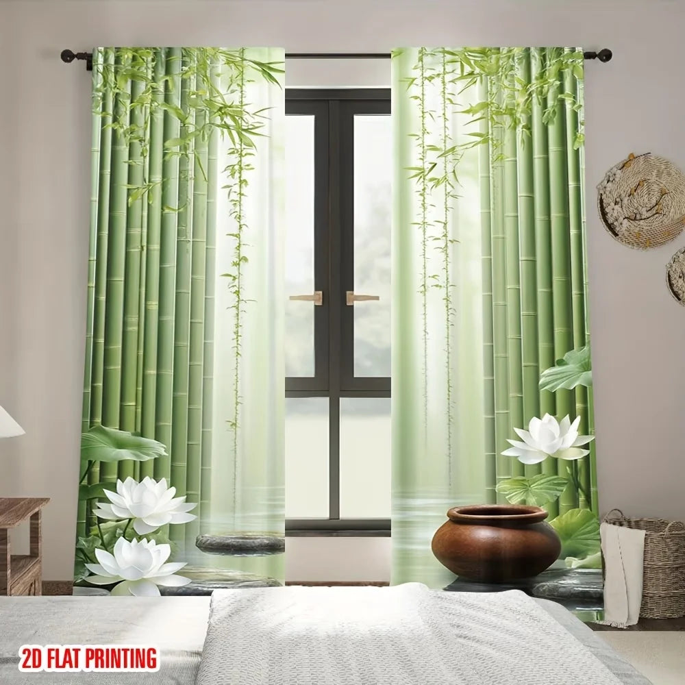 2-Piece Zen Botanical Window Curtains – Bamboo Forest & Lotus Flower Print