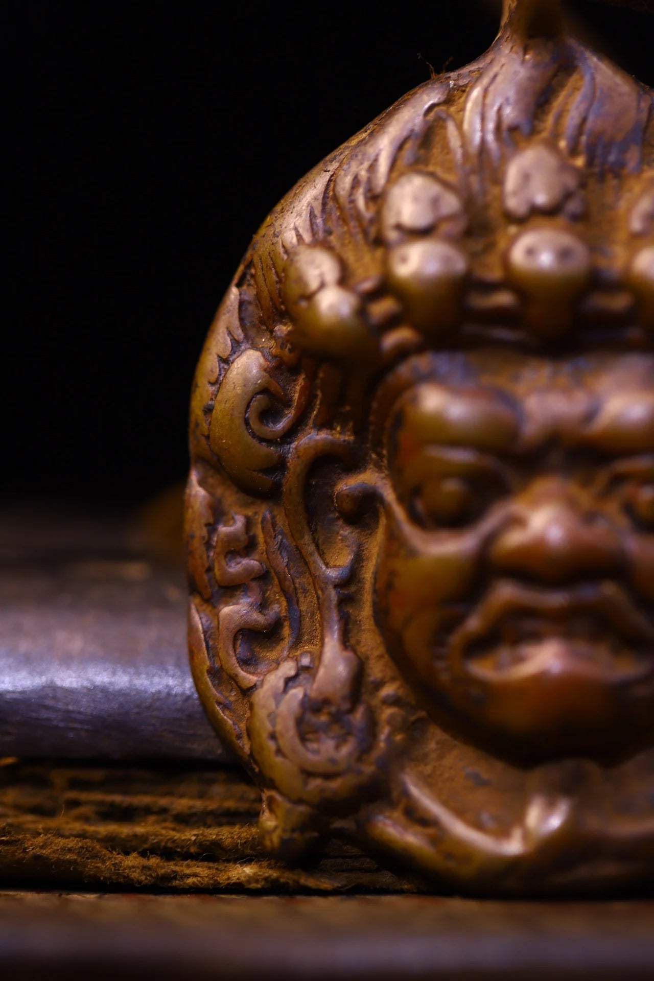 Bronze Cinnabar Mahakala Head Pendant – Temple Protector Amulet