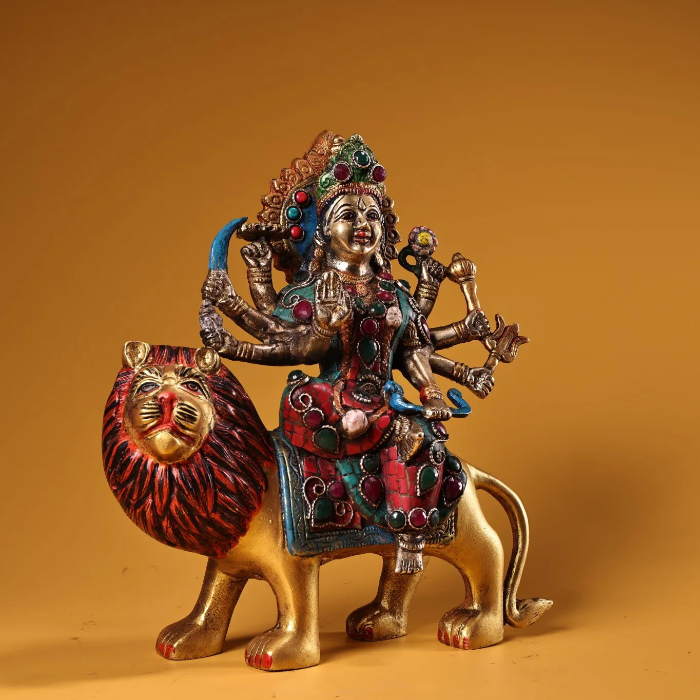 9" Tibetan Temple Collection Old Bronze Outline in gold Mosaic Gem Turquoise Durga Six-armed Lion guardian Shiva Worship Hall