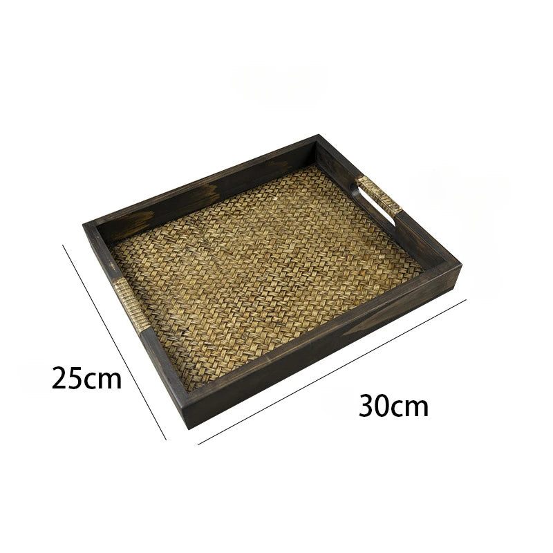 Southeast Asian Wooden Storage Tray - Handicraft Rattan Tea Tray for Water Cups and Tea Cups
