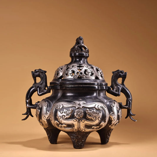 Tibetan Temple Bronze Dragon-Ear Censer – Gilded Silver Three-Legged Incense Burner (8")