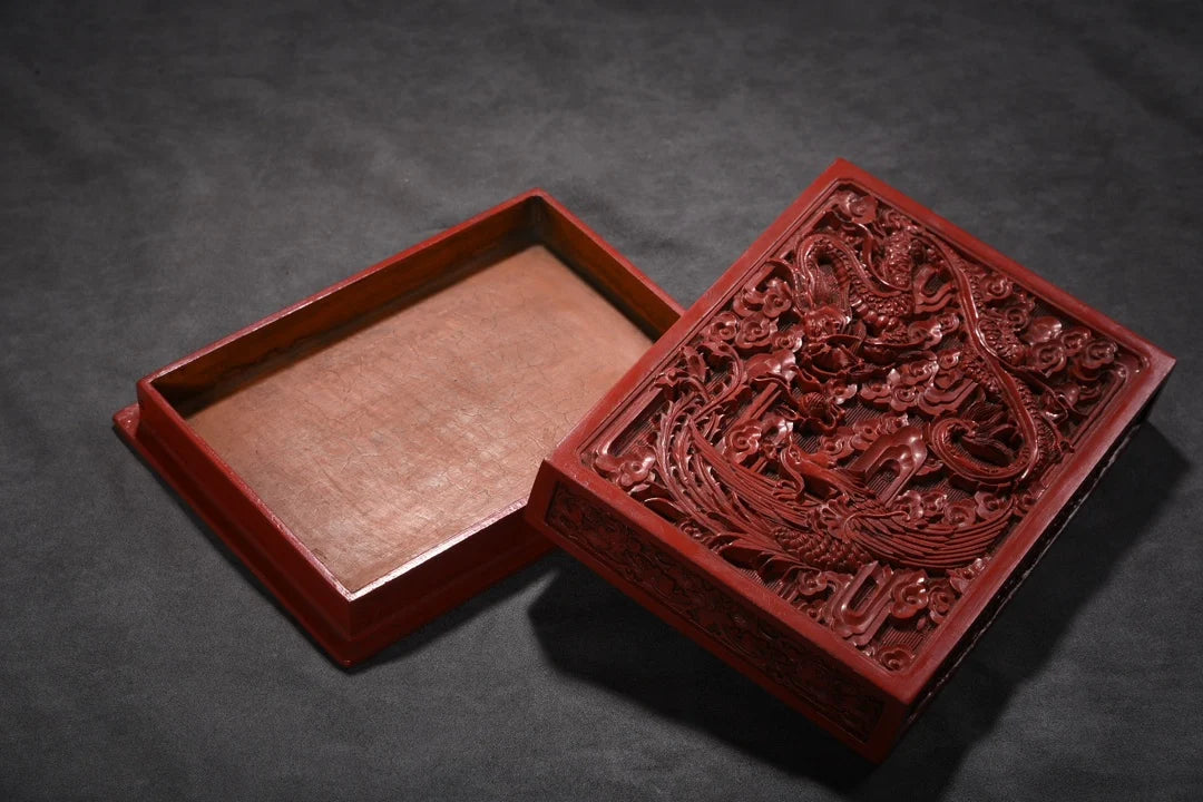 Caja de laca Fénix Cinabrio Carmesí – Almacenamiento decorativo para el hogar asiático