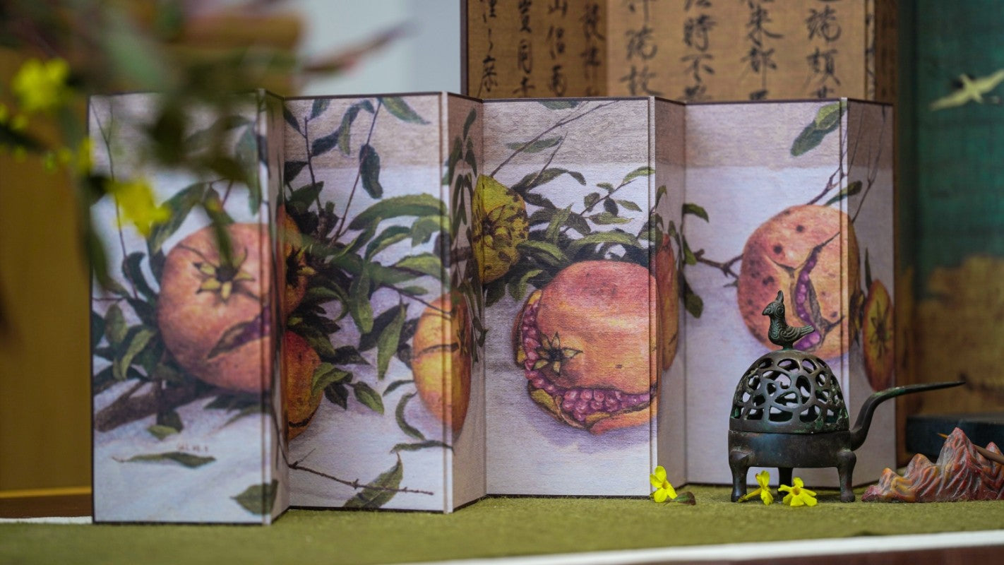 Japanese-Inspired Folding Miniature Screen with Pomegranate Design