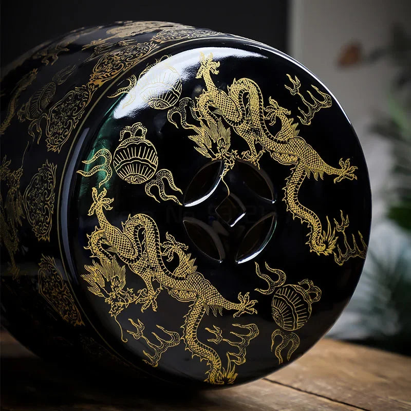 Black & Gold Dragon Porcelain Drum Stool | Modern Chinese Accent Seat & Side Table