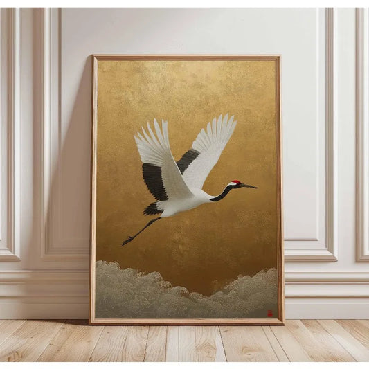 Japanische Elegante Kraniche Vögel Natur Poster Fliegende Kraniche in Gold und Weiß Leinwand Malerei Asiatische Wandkunst Wohnzimmer Heimdekoration