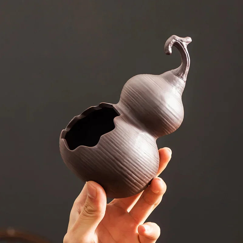 Chinese Purple Clay Gourd Bonsai Pot – Zen Bamboo Landscape Desktop Planter Basin