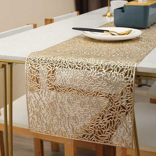 1.5m Hollowed-Out Metallic PVC Table Runner – Heat-Resistant Dining Table Mat