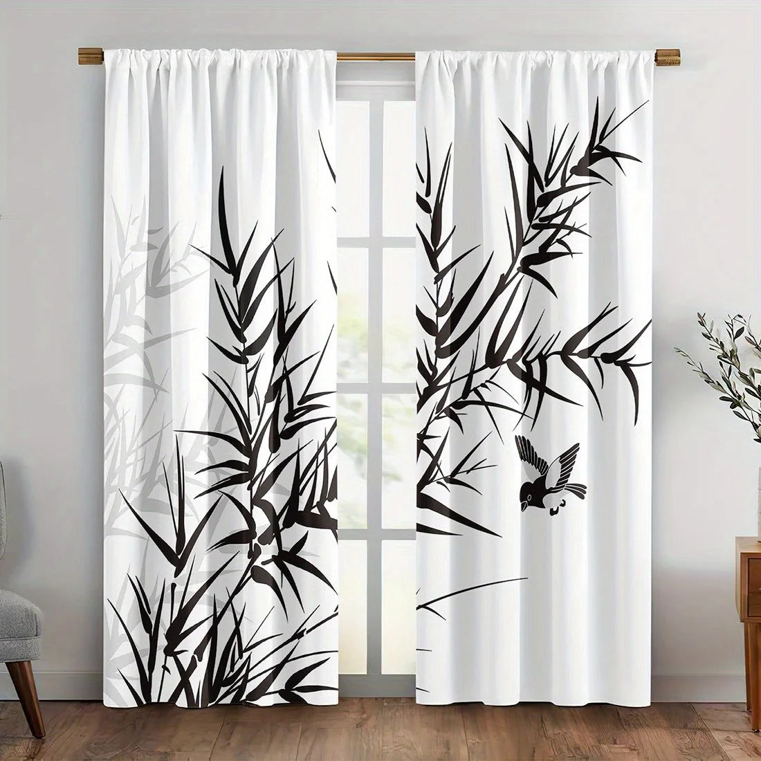 Chinese Ink-Wash Bamboo Window Curtains – Black & White Zen Botanical Drapes