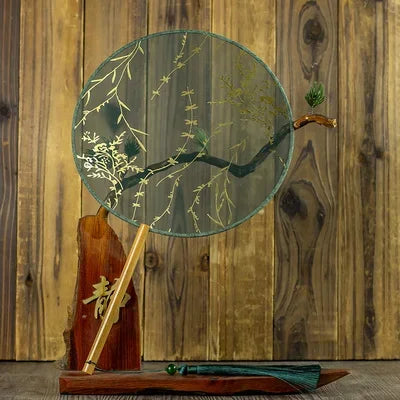 Translucent Silk Chinese Round Hand Fan, Floral, Unisex