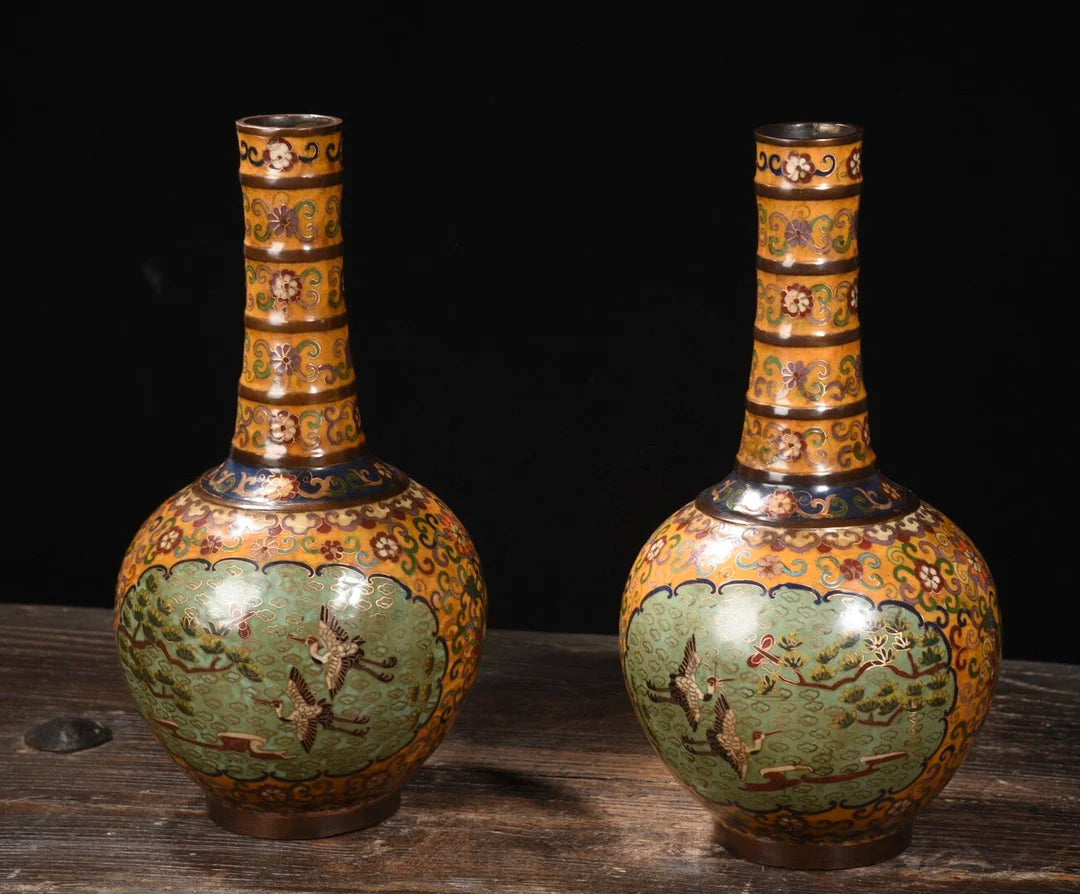 Tibetan Purple Bronze Cloisonné Pine & Crane Vases (Pair, 14")