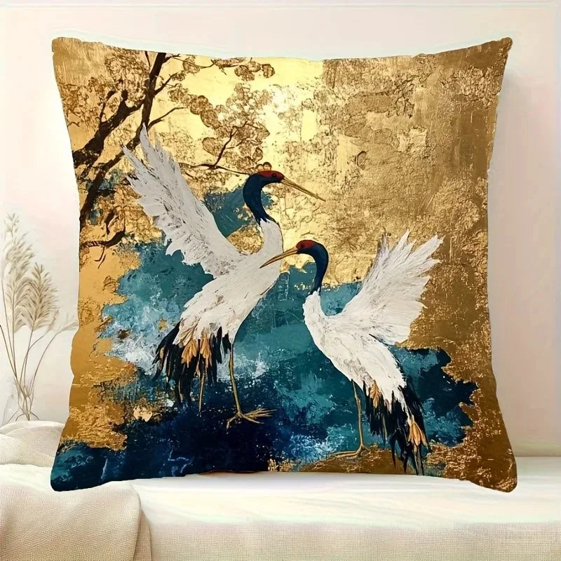 Elegant Oriental Crane Bird Pillowcase 2D Flat Printed Gold Texture Peach Skin Throw Cushion Cover For Couch Bedroom Decor