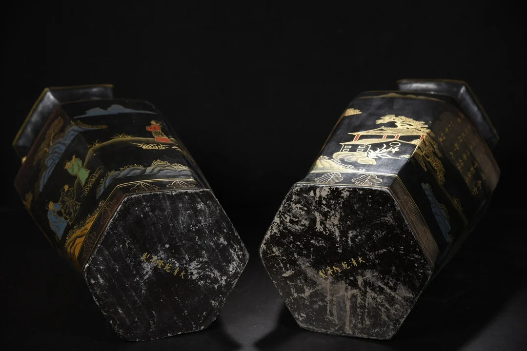 22"Tibetan Temple Collection Old Wood Lacquerware Outline in gold Tlandscape Pattern poetry Hexagonal Bottle Vase A Pair