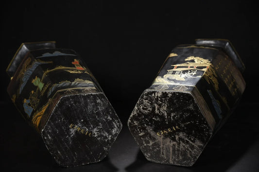 22"Tibetan Temple Collection Old Wood Lacquerware Outline in gold Tlandscape Pattern poetry Hexagonal Bottle Vase A Pair