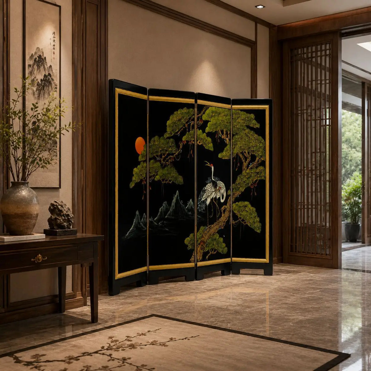 Hand-Painted Chinese Lacquer Folding Screen | Bird & Flower Room Divider