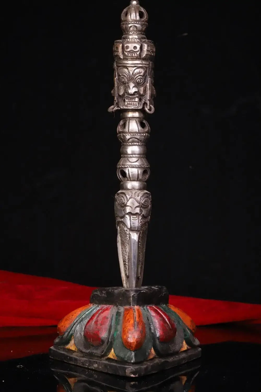 11"Tibetan Temple Collection Old Tiantie Cinnabar Mahakala Buddha Dorje  Vajra Phurpa Amulet Dharma Worship Hall Town House