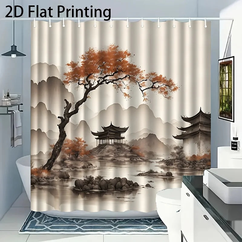 Chinese Pagoda & Misty Mountain Landscape Shower Curtain – Waterproof Oriental Fabric Bath Curtain (180×200cm)