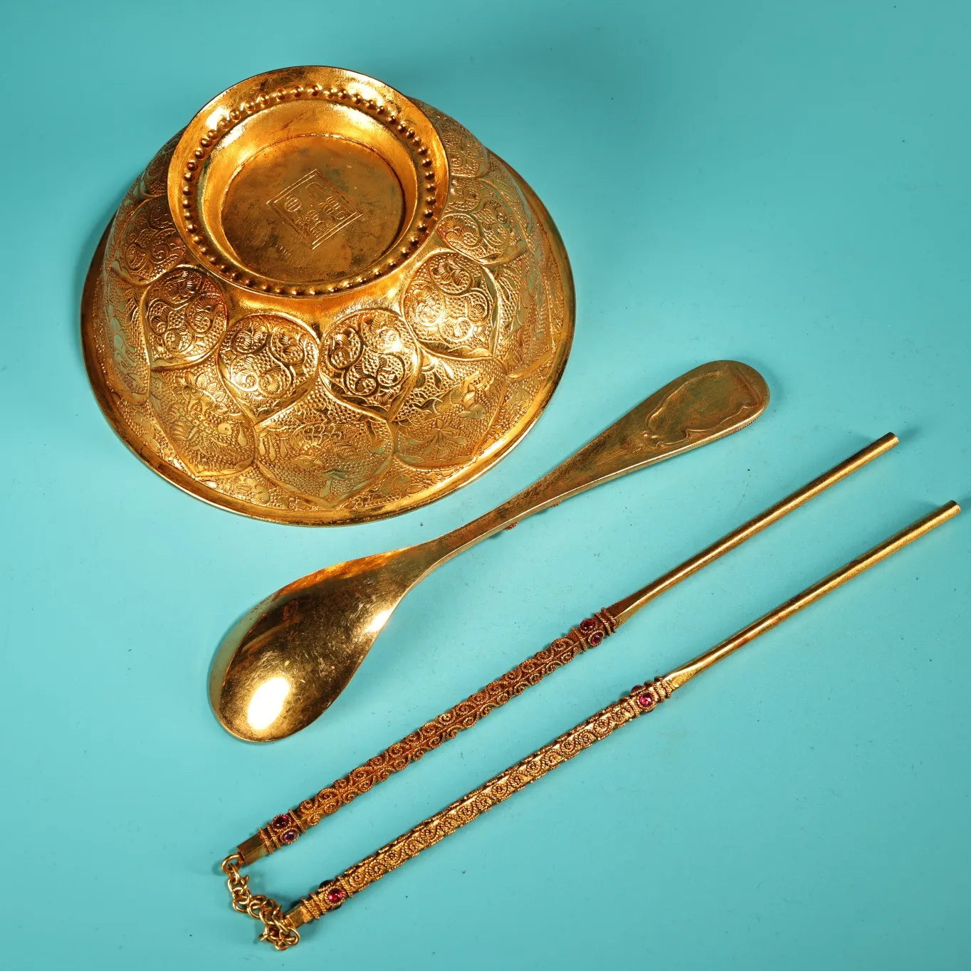 Tibetan Temple Lotus Bowl, Chopsticks & Spoon Set