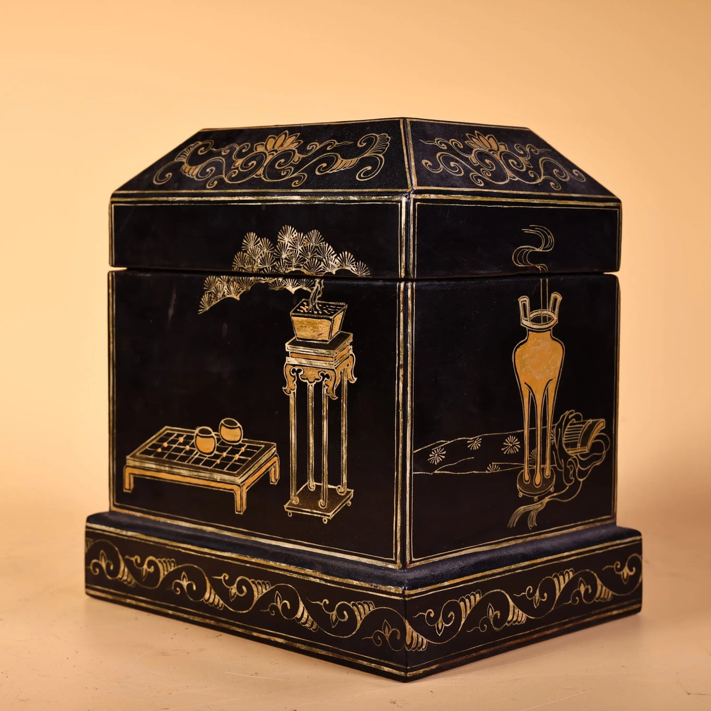 6" Tibetan Temple Collection Vintage Wood Lacquerware Storage Trunk, Pedestal with Bonsai Tea Table