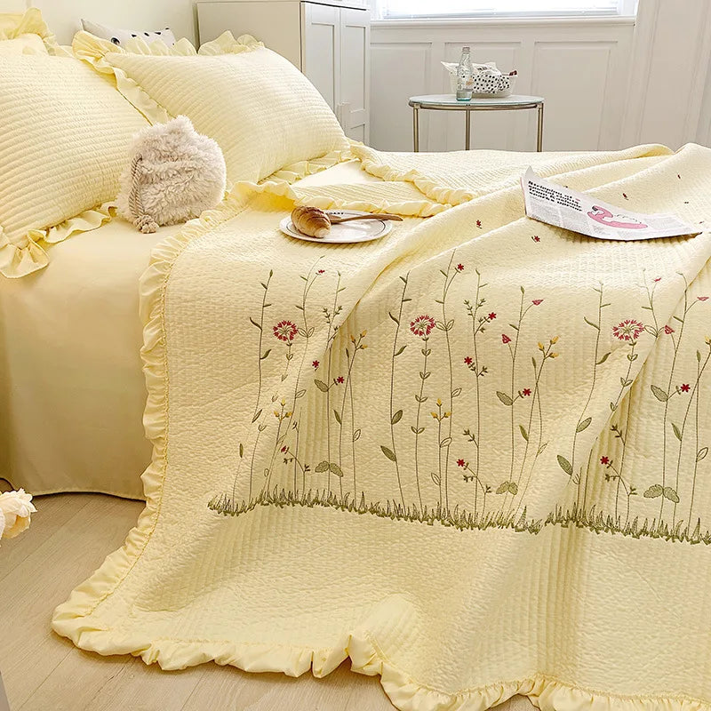 Korean Ruffle & Floral Embroidered Summer Quilt – Lightweight Cooling Bedspread & Coverlet