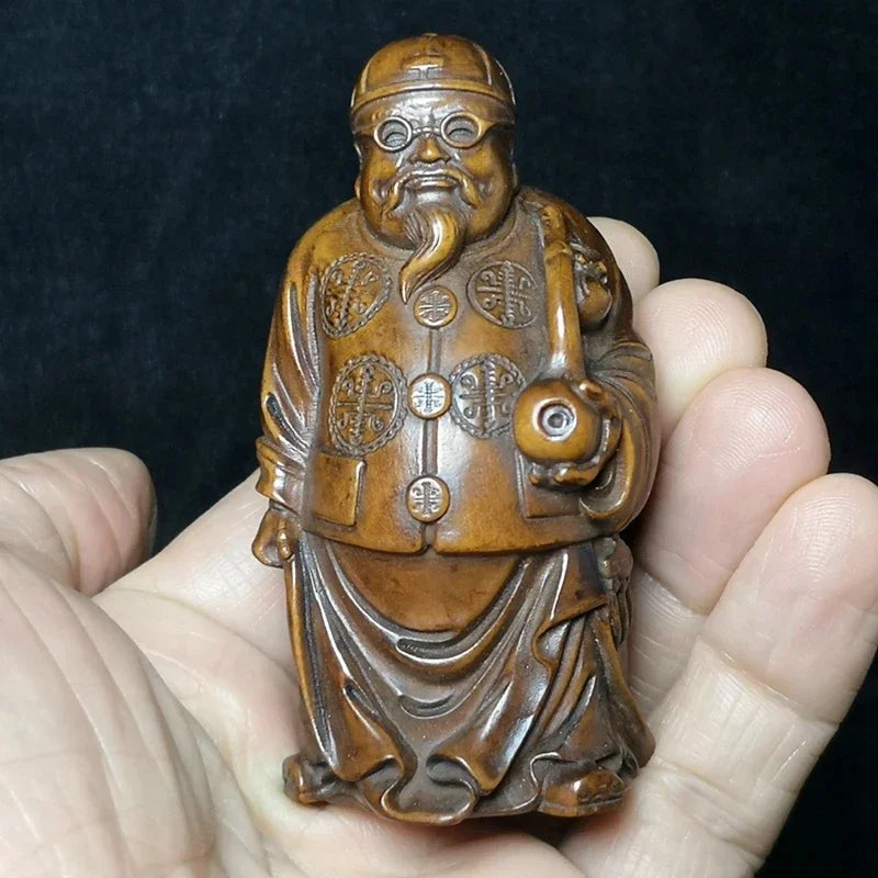 Old Chinese Japanese Boxwood Hand Carved Moneybags Rich Man God of Wealth Statue Netsuke Table Decoration